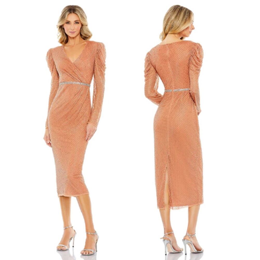 NWT Mac Duggal Copper Beaded Wrap Over Puff Sleeve Dress Size 6